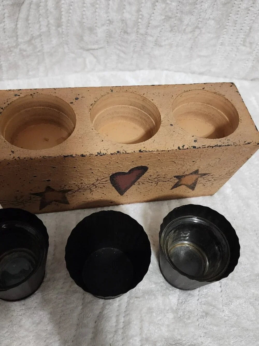 Rustic Farm Candle Holder, 2 Glass Votives, 3 Metal holders